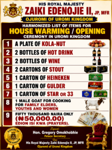 HOUSE WARMING NEW LIST IN UROMI ESAN LAND